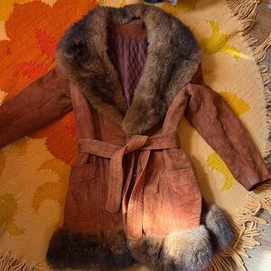 Vintage penny lane Brown Fur-Trimmed Suede Coat